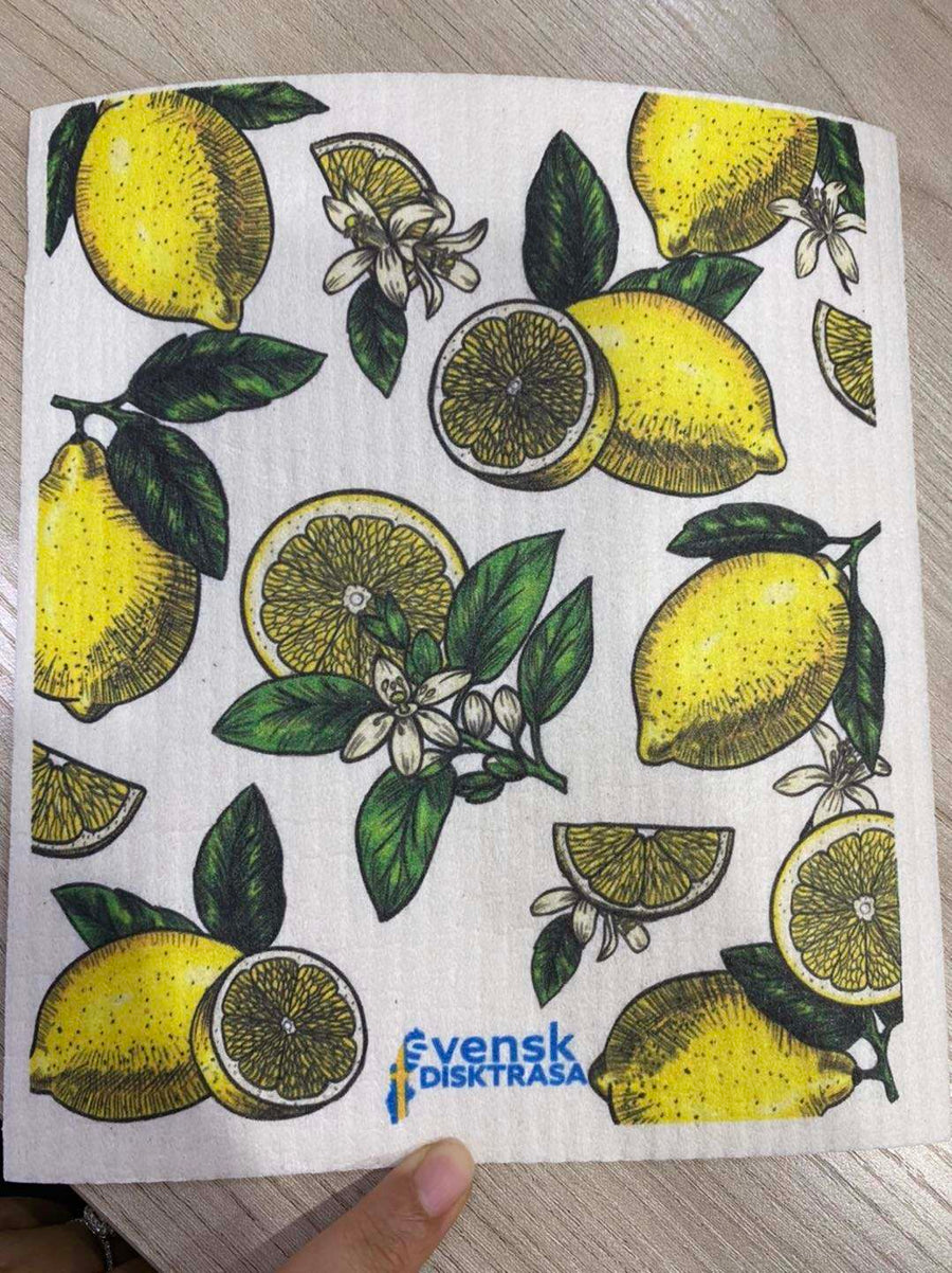Lemons Line Drawing with Leaves Swedish Dishcloth